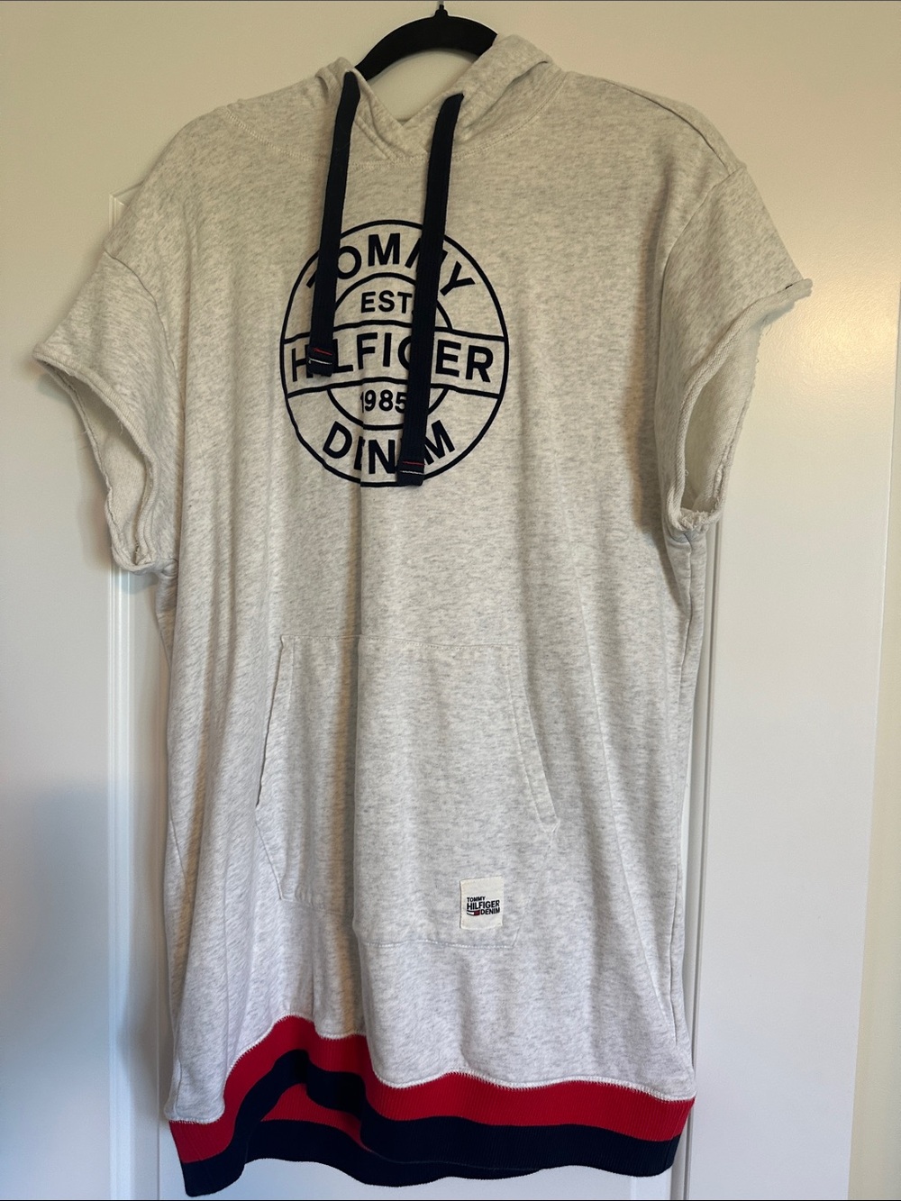 Tommy Hilfiger Light Gray Hoodie Dress with Navy Drawstrings and Red Hem